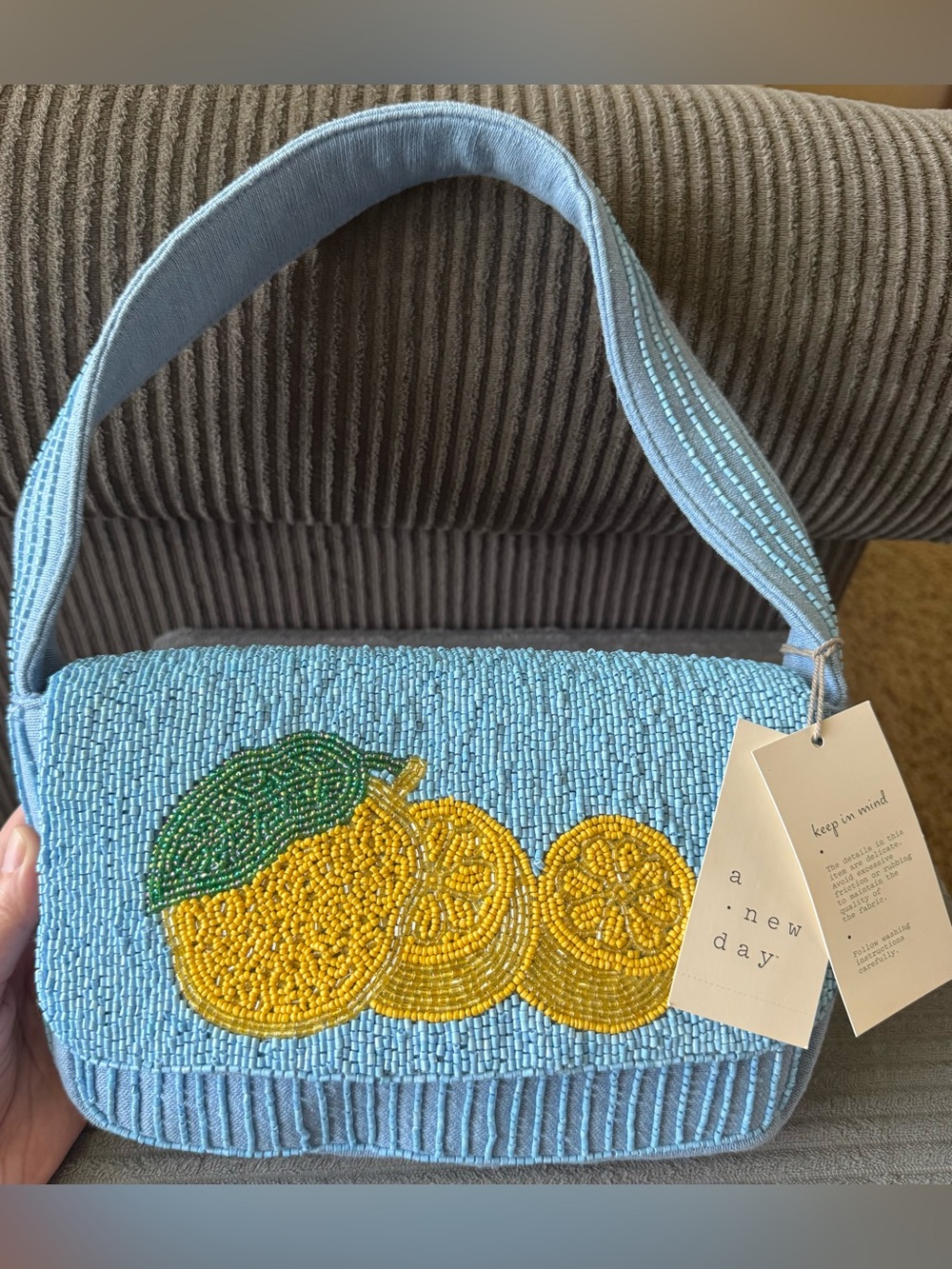 a new day Light Blue Beaded Shoulder Bag with Yellow Lemon Motif Viral